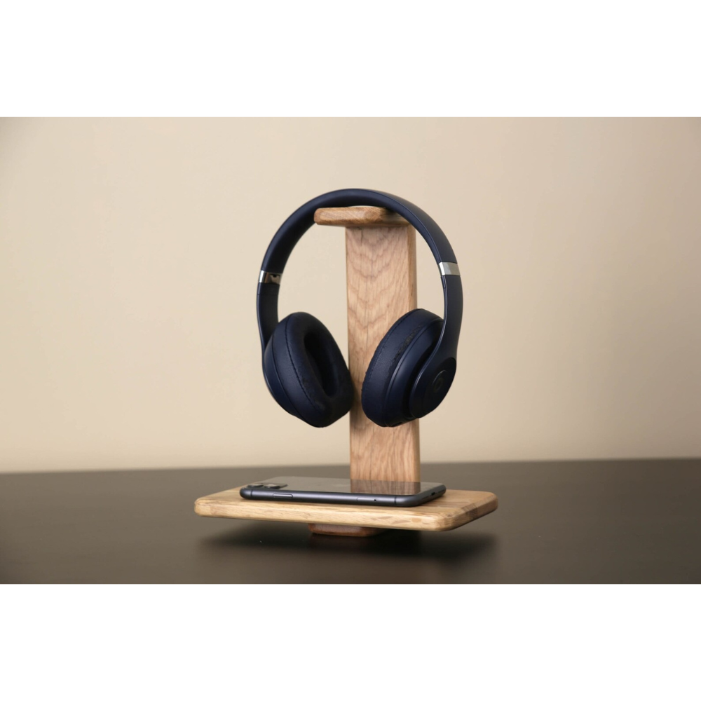 Oak Wood Headphone Stand with Phone Tray